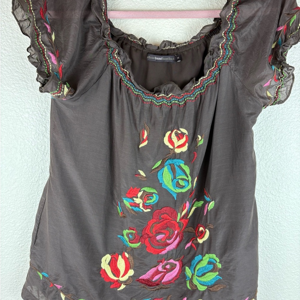 Hazel Brown Cotton Silk Colorful Floral Embroidered Blouse Boho Peasant Top Sz M